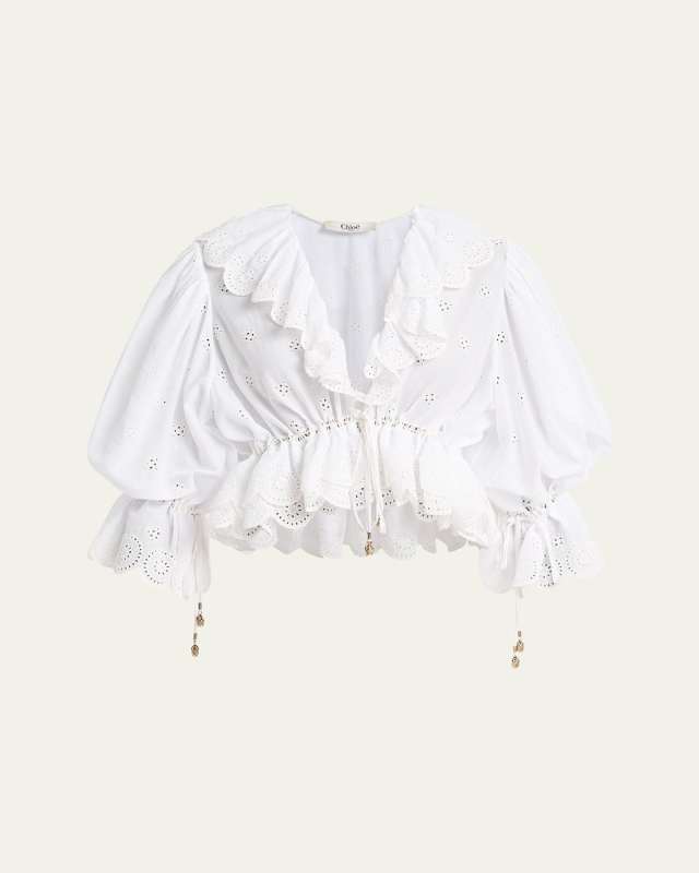 Eyelet Cotton Ruffle Crop Peasant Blouse